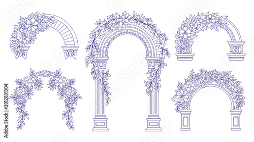 floral archway collection detailed line art illustrations with botanical elements on white background high quality professional