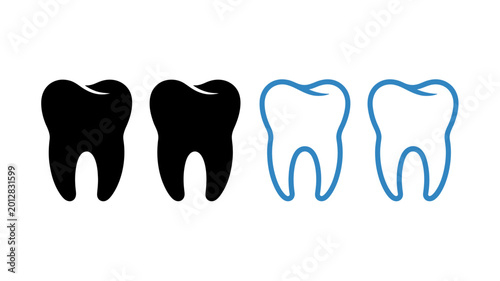Obraz na płótnie Stylized tooth icons black and blue line art isolated on a white background high