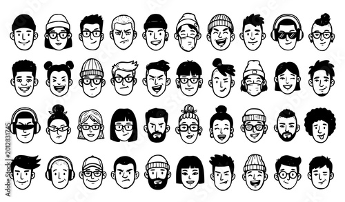 Doodle avatar faces black and white vector illustration comic character set