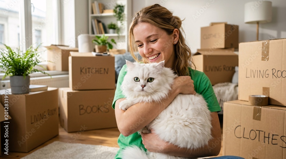 Fototapeta premium Happy young woman wearing a bright casual green t-shirt lovingly hugs a large fluffy white Persian cat inside a sunlit apartment full of boxes.