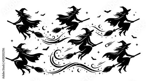 Foto Spooky Halloween witch silhouette vector set flying witches broomstick illustrat