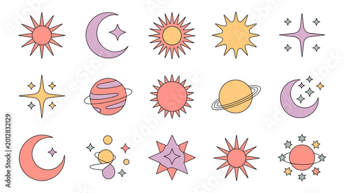 Fotografie Celestial objects collection colorful suns moons and planets illustration on a w