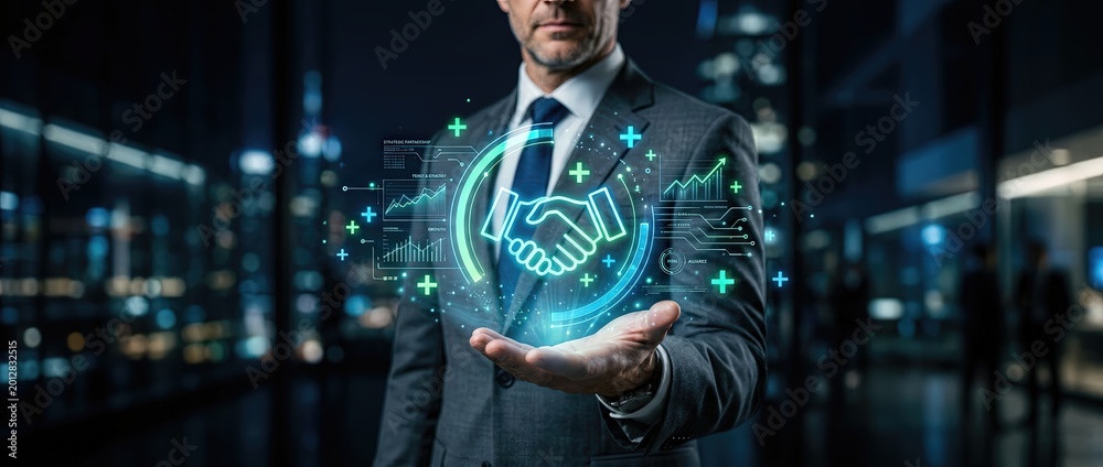Fototapeta premium Business contract signing event in modern office digital interaction professional environment engaging viewpoint trust and partnership concept