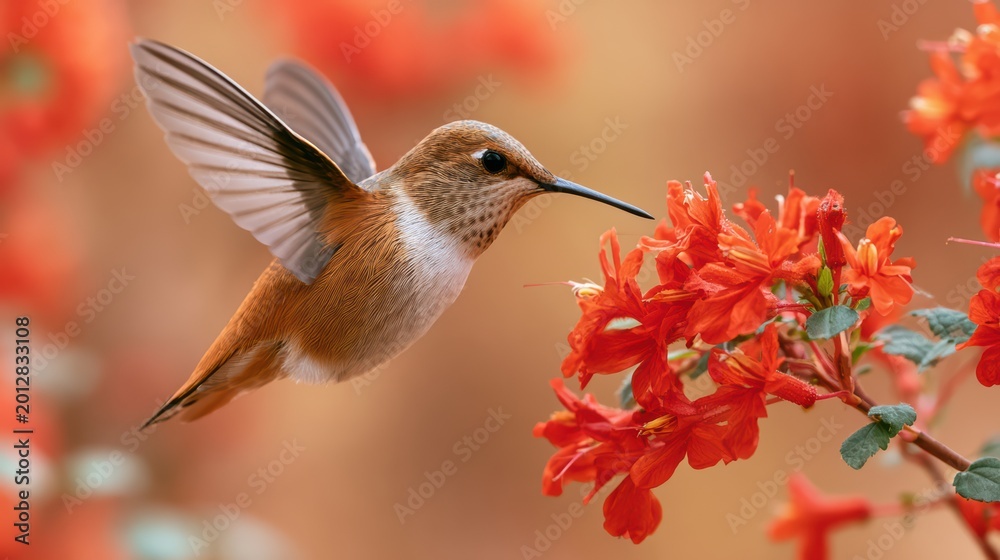 Fototapeta premium Vibrant hummingbird gracefully hovers in mid air, poised to collect nectar from brilliant red orange blossoms