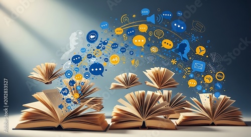Open books with digital communication icons and social media symbols emerging.