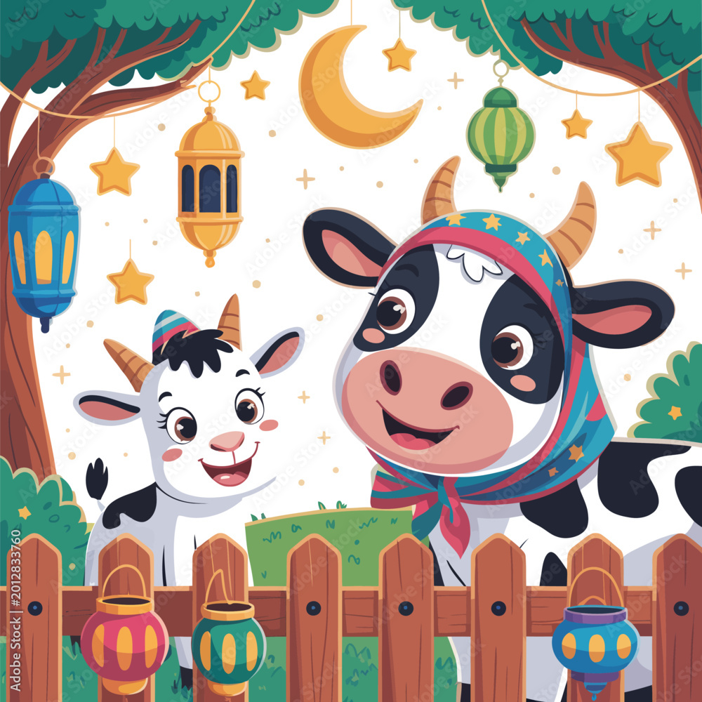 Naklejka premium Cute cartoon cow and goat with festive lanterns and crescent moon during Eid celebration vector illustration
