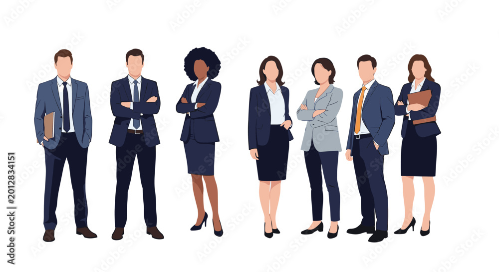 Fototapeta premium Diverse team of professional business men and women standing together in suits, representing a successful corporate workforce.