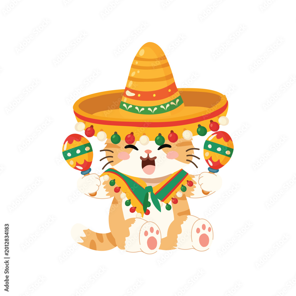 Fototapeta premium Cinco de Mayo kitten in Mexican fiesta costume with colorful sombrero