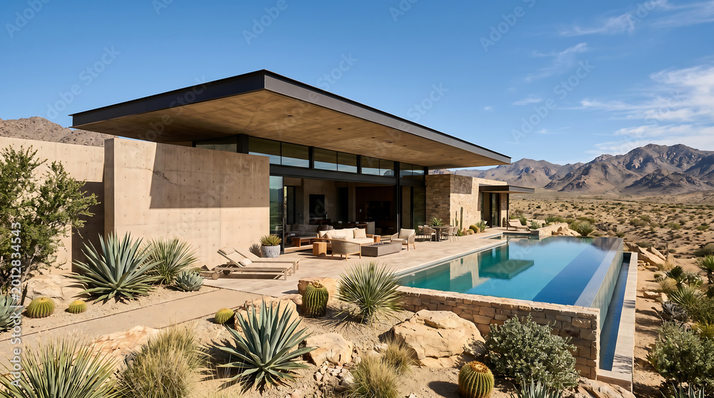 Fototapeta premium Premium Hyper Realistic Architectural Visualization Of A Luxury Desert Villa Featuring Sand Colored Smooth Concrete Walls And A Large Private Turquoise Infinity Pool
