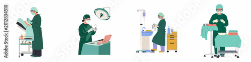 Photos Set of illustrations depicting surgeons and medical staff performing various procedures and preparations in an operating room environment