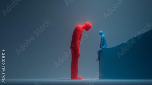 One red figure standing tall while another blue figure leans unnaturally toward it, imbalance and submission
