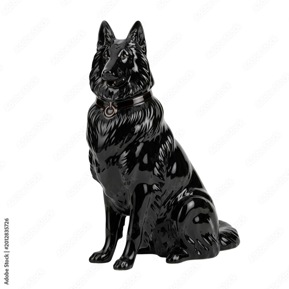 Fototapeta premium Glossy black porcelain Belgian Sheepdog figurine sitting for elegant home interior decor