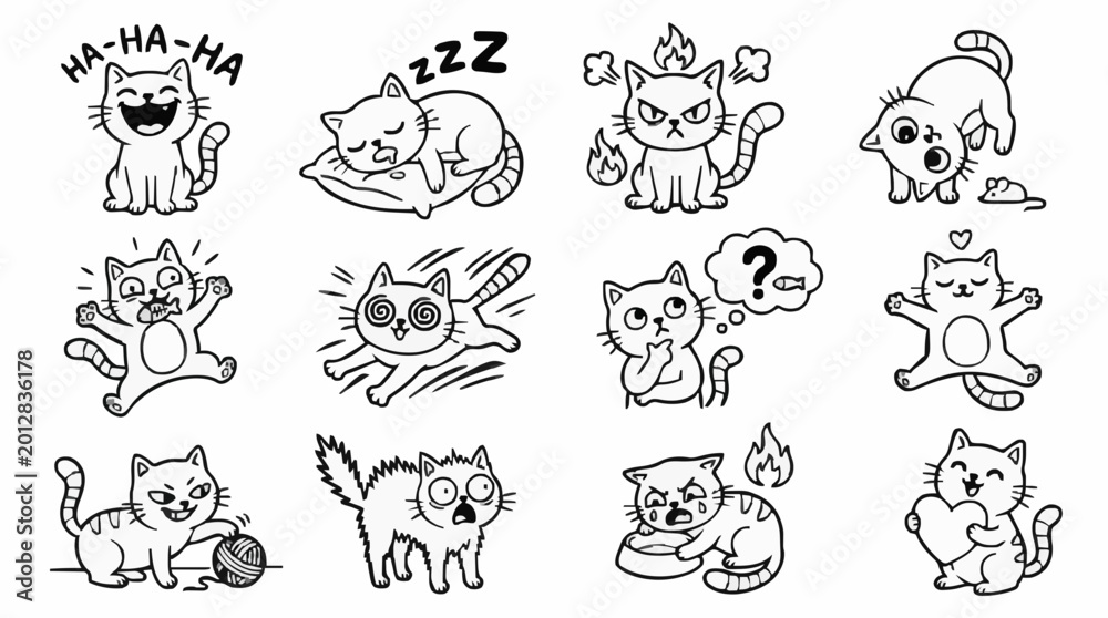 Obraz premium Funny doodle kitten characters vector pack with expressive cat emotions and playful hand drawn poses