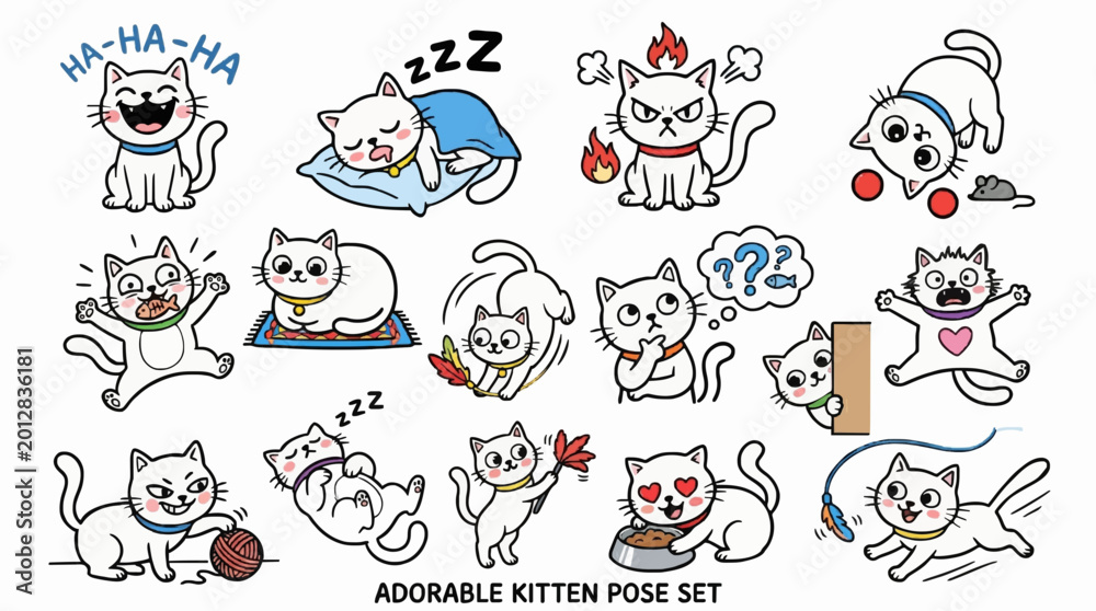 Fototapeta premium Cute doodle cat vector set with funny kitten characters in playful poses and hand drawn outline style