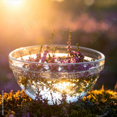 Flower Remedy Bach Heather, Calluna vulgaris flower, Solar Method Bach, glass bowl, flowers Calluna vulgaris with water, air bubbles in water, therapy, field heather flowers, sun,  florais de Bach, mé