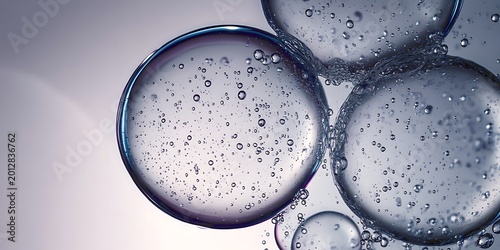 Close up abstract liquid bubbles surface with fine particles and light reflections.