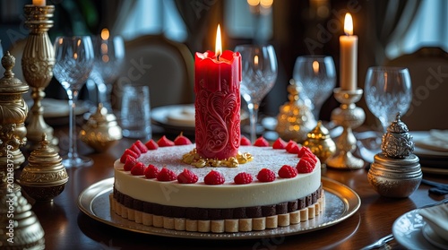 Elegant Cheesecake Dessert with Raspberries and Red Candle on Luxury Dining Table