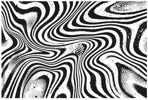 High-contrast black and white psychedelic swirl background featuring distorted optical illusion stripes, grunge splatter and halftone dots for retro, vintage2