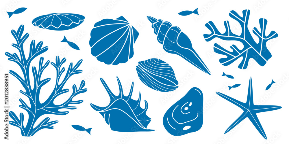 Obraz premium Set of blue seashells and coral branches. Marine elements isolated on white background. Decorative oceanic vector stencil collection.