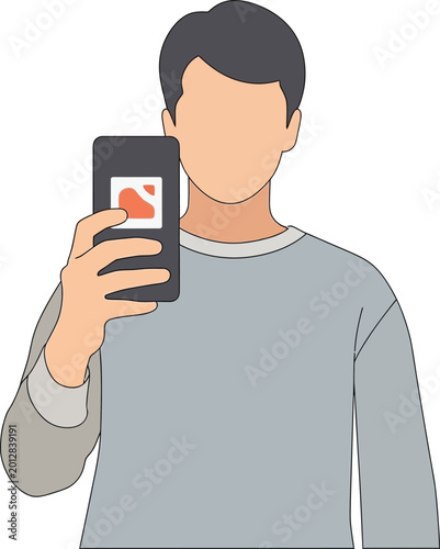 Person holding mobile phone taking selfie with colorful image on screen against grey background.