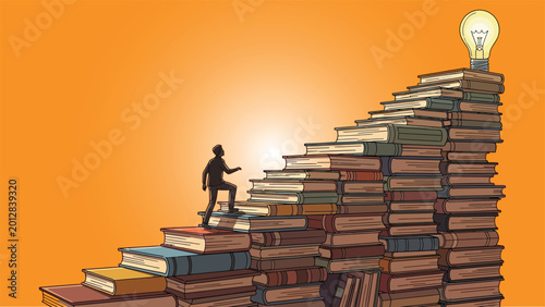Man climbs stairs made of books towards idea light bulb on orange background.