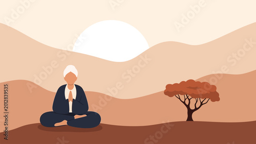 Elderly person meditating in lotus pose with sunset and tree in background.