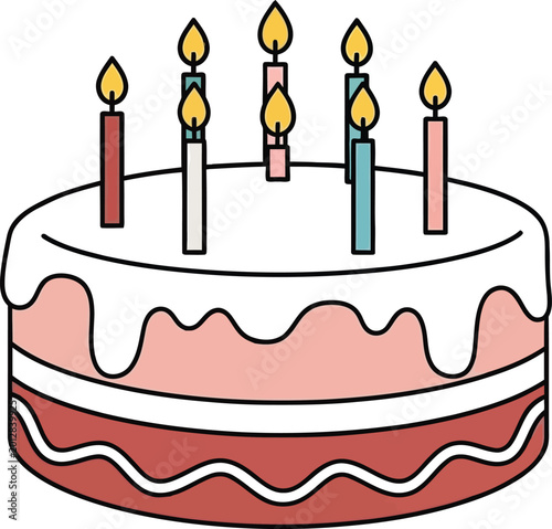 Birthday cake with colorful candles and pink frosting layers for party celebration vector.