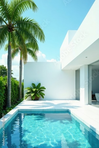 Serene Poolside Paradise  Modern Minimalist Architecture with Lush Tropical Foliage and Sparkling Blue Water