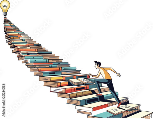 Illustration of man running up book stairs toward bright light bulb on transparent background.