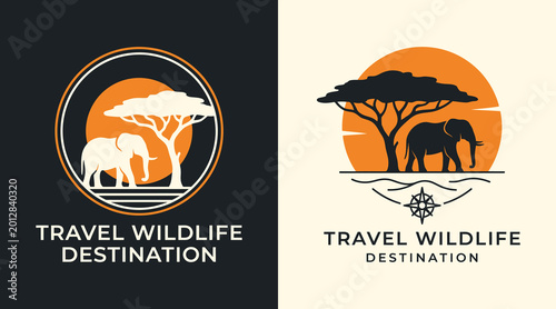 Cuadro en lienzo African safari emblem with elephant and acacia tree against a sunset travel wild