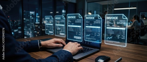 Innovative digital invoice management modern office business workflow urban environment close-up view financial efficiency and productivity enhancement
