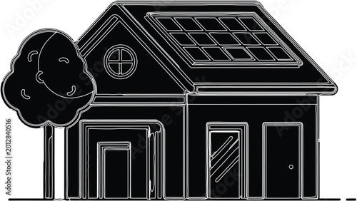 Eco-friendly house with solar panels and tree black outline illustration isolated on background.