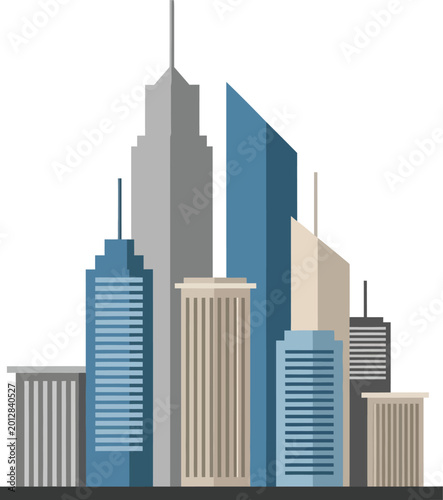 City skyline architecture with modern skyscrapers and office buildings in flat design style.