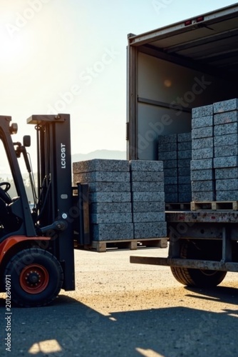 Industrial forklift loading paving stones onto a large transport truck during the daytime