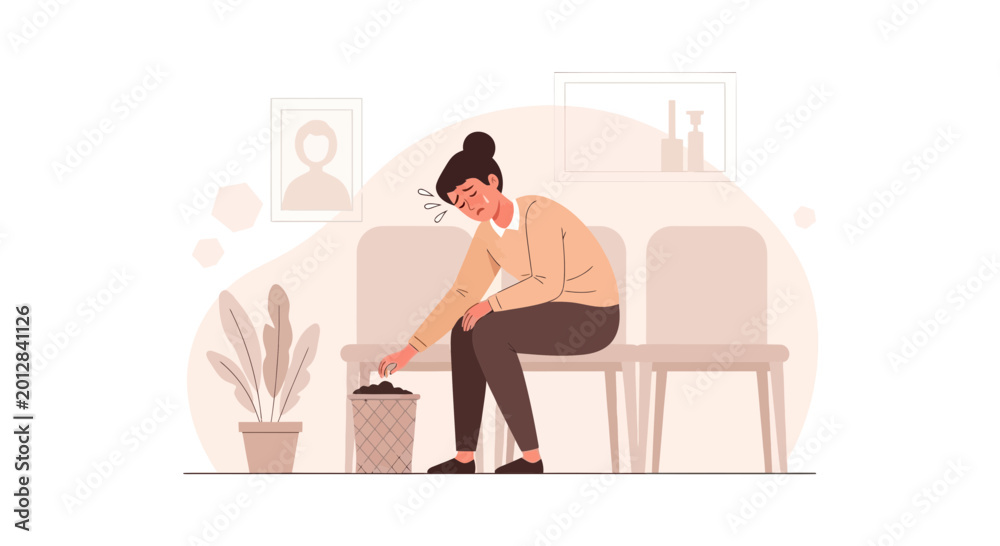 Fototapeta premium A Weary Woman Reflects on Loss and Struggles with Grief in a Waiting Room