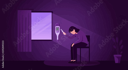A Woman In Dim Light Is Examining A Medical Device And A Result
