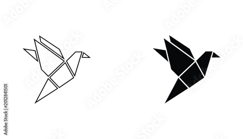 Origami bird icon set featuring geometric paper folding aesthetic in outline and solid black for artistic and design use