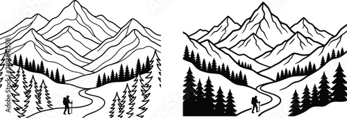 Line art illustration of majestic mountains with pine trees and a hiker on a winding path