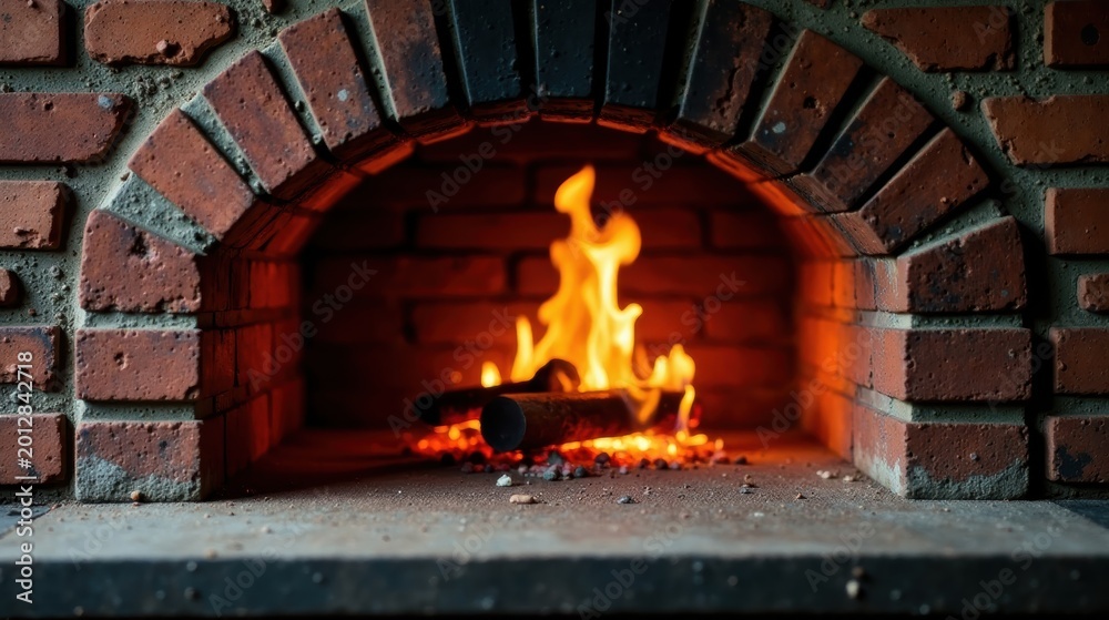 Fototapeta premium Warm Embers Glowing in a Rustic Brick Fireplace Oven