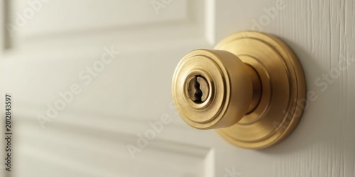 Close-up view of an elegant gold door knob on a white paneled door, showcasing refined interior design details