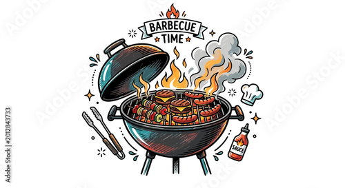 Slika na platnu Barbecue grill with cooking food colorful hand drawn illustration