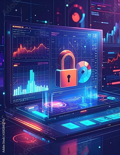 Digital security padlock on laptop screen.