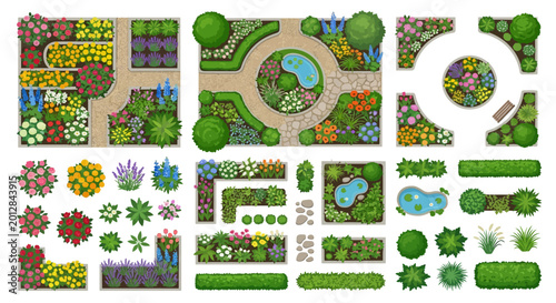 garden plan illustrations with flowers and trees top view