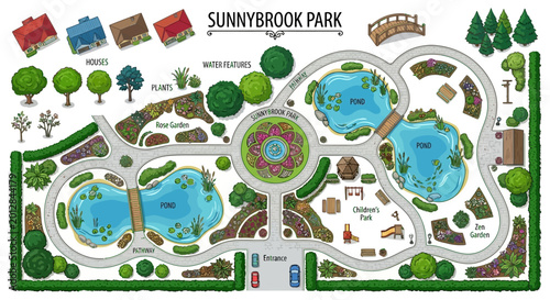 Foto Sunnybrook park map illustration with houses gardens and ponds