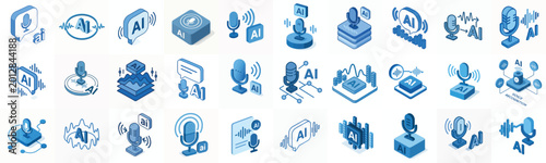 isometric vector icon Voice recognition and speech AI blue color