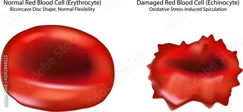 Obraz na płótnie Healthy and Damaged Red Blood Cell Comparison, Echinocyte Formation and Oxidative Stress Medical Illustration