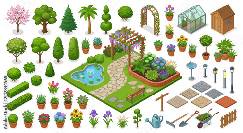 isometric garden elements set with trees flowers and decorative structures