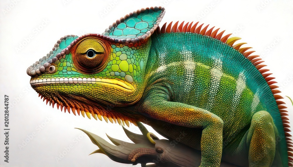 Fototapeta premium Vibrant Chameleon with Intricate Scales and Crest Detailed Close-Up.