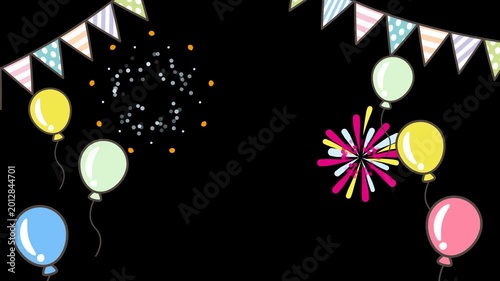 Pastel Party Frame Animation Horizontal with Alpha Channel, Bunting, Balloons and Fireworks, Cute 2D Celebration Overlay