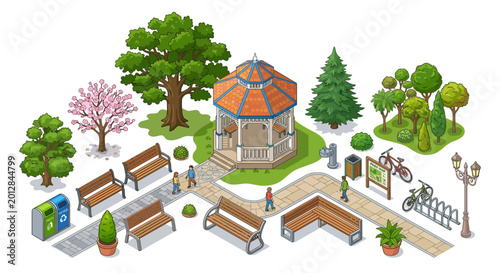 Tableau sur toile Isometric park scene with gazebo benches and trees on white background